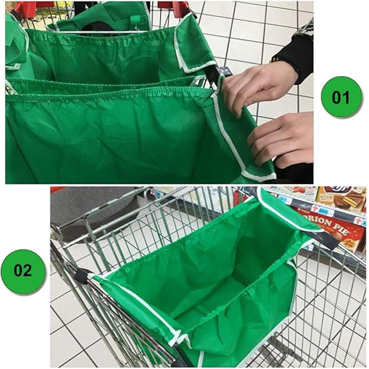 4 x Reusable Supermarket Shopping Trolley Clip-on Large Foldable Grab Handle Bag V528-SHOPPING-BAG-GREEN-4PCS-164514