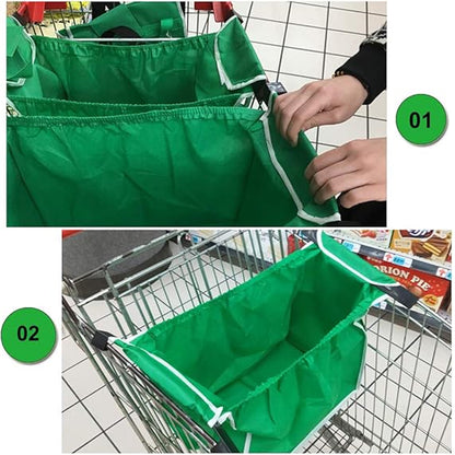 4 x Reusable Supermarket Shopping Trolley Clip-on Large Foldable Grab Handle Bag V528-SHOPPING-BAG-GREEN-4PCS-164514