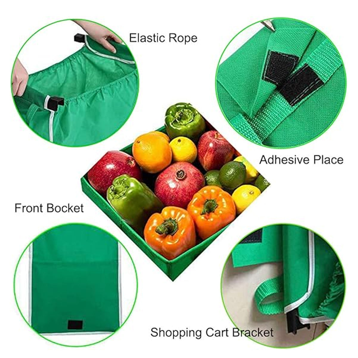 4 x Reusable Supermarket Shopping Trolley Clip-on Large Foldable Grab Handle Bag V528-SHOPPING-BAG-GREEN-4PCS-164514
