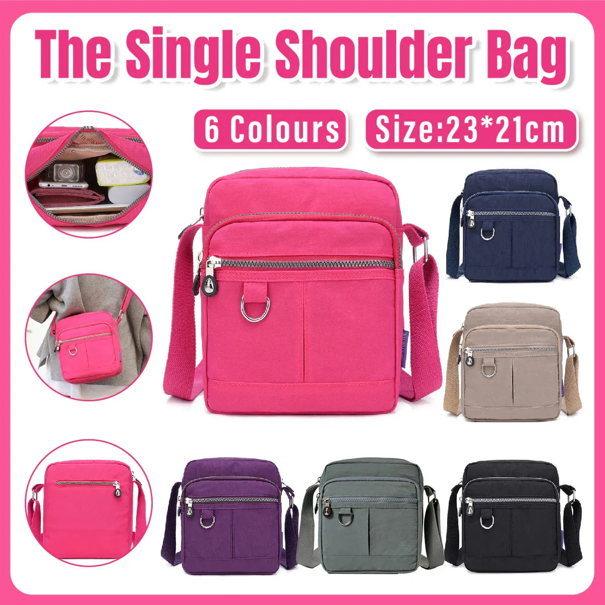 Ladies Shoulder Bag Nylon Fabric Lightweight Crossbody Small Casual Handbag - Apricot V528-SHOULDER-BAG-APRICOT-458601