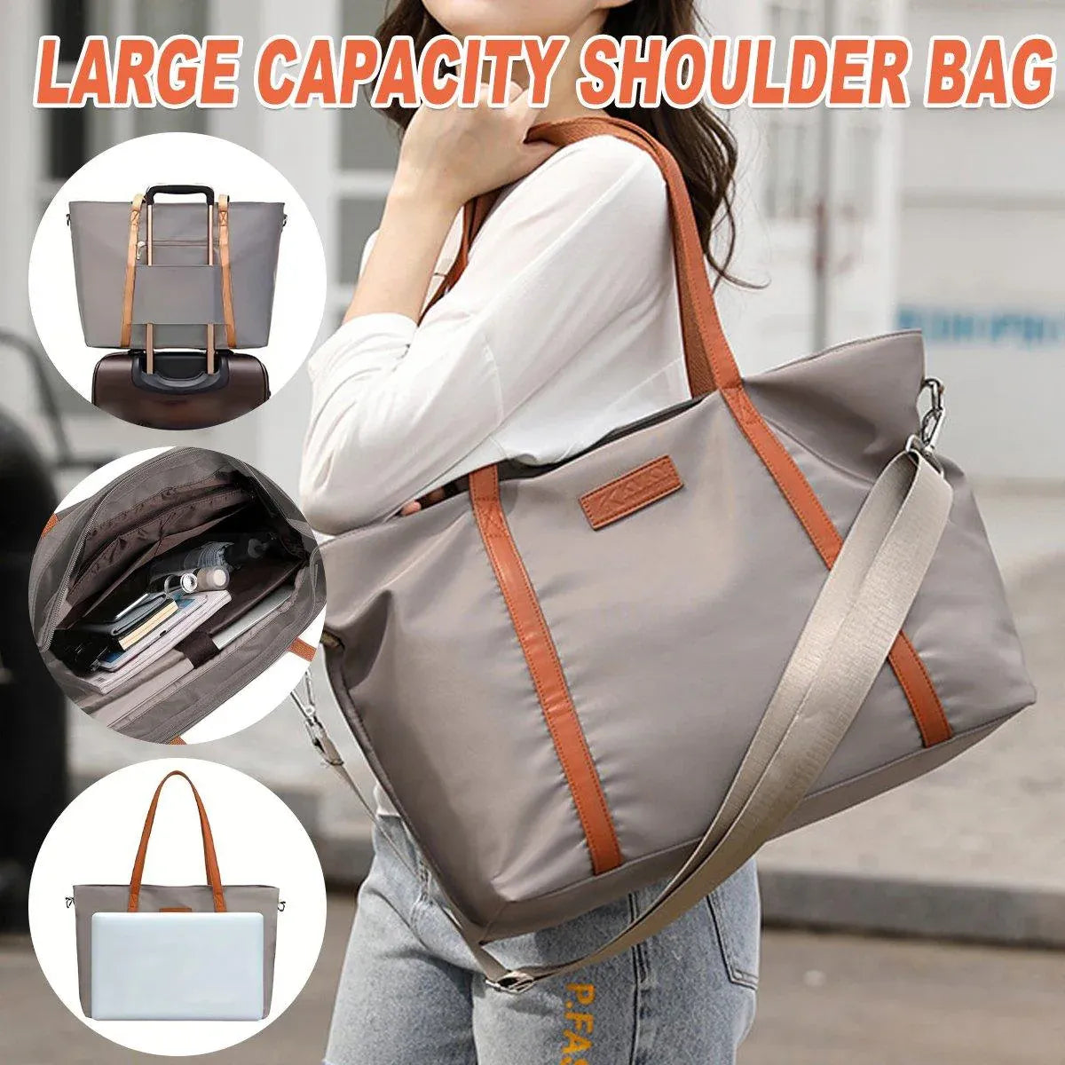Fashion Nylon Shoulder Bag Large Capacity Tote Handbag Travel Purse for Women V528-SHOULDER-BAG-GREY-474644