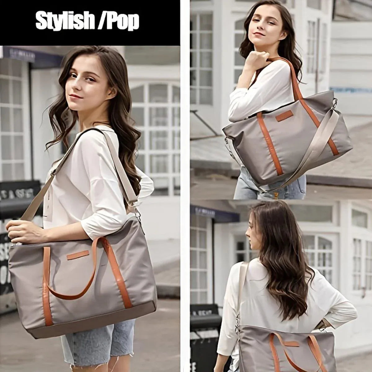 Fashion Nylon Shoulder Bag Large Capacity Tote Handbag Travel Purse for Women V528-SHOULDER-BAG-GREY-474644