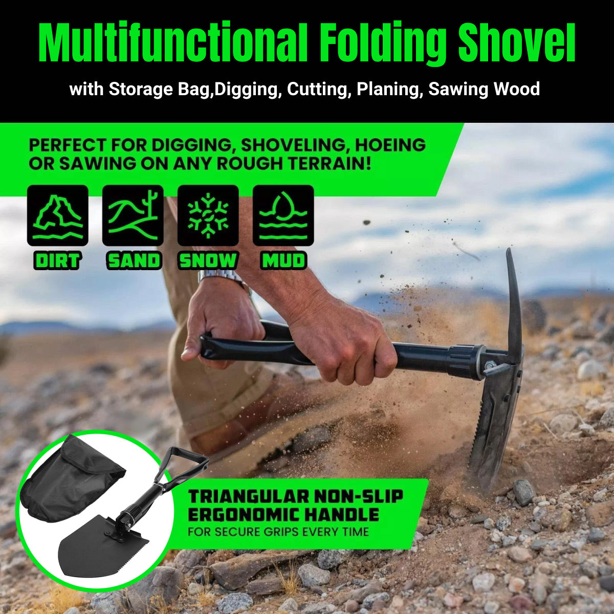 Folding Survival Shovel Outdoor Camping Emergency Tool For Hiking Fishing Rescue Gear V528-SHOVEL-BLACK-238945