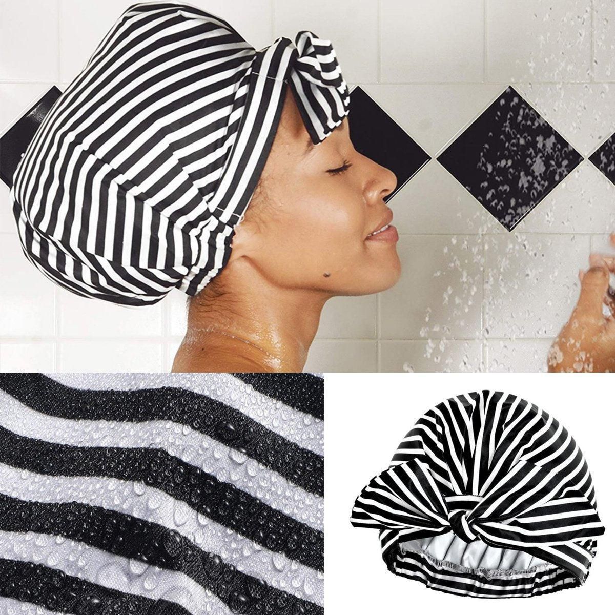 Woman Shower Cap Reusable Long Hair Large Turban Bathroom Waterproof Hair Cap - Black Background V528-SHOWER-CAP-BLACK-BACKGROUND-812215