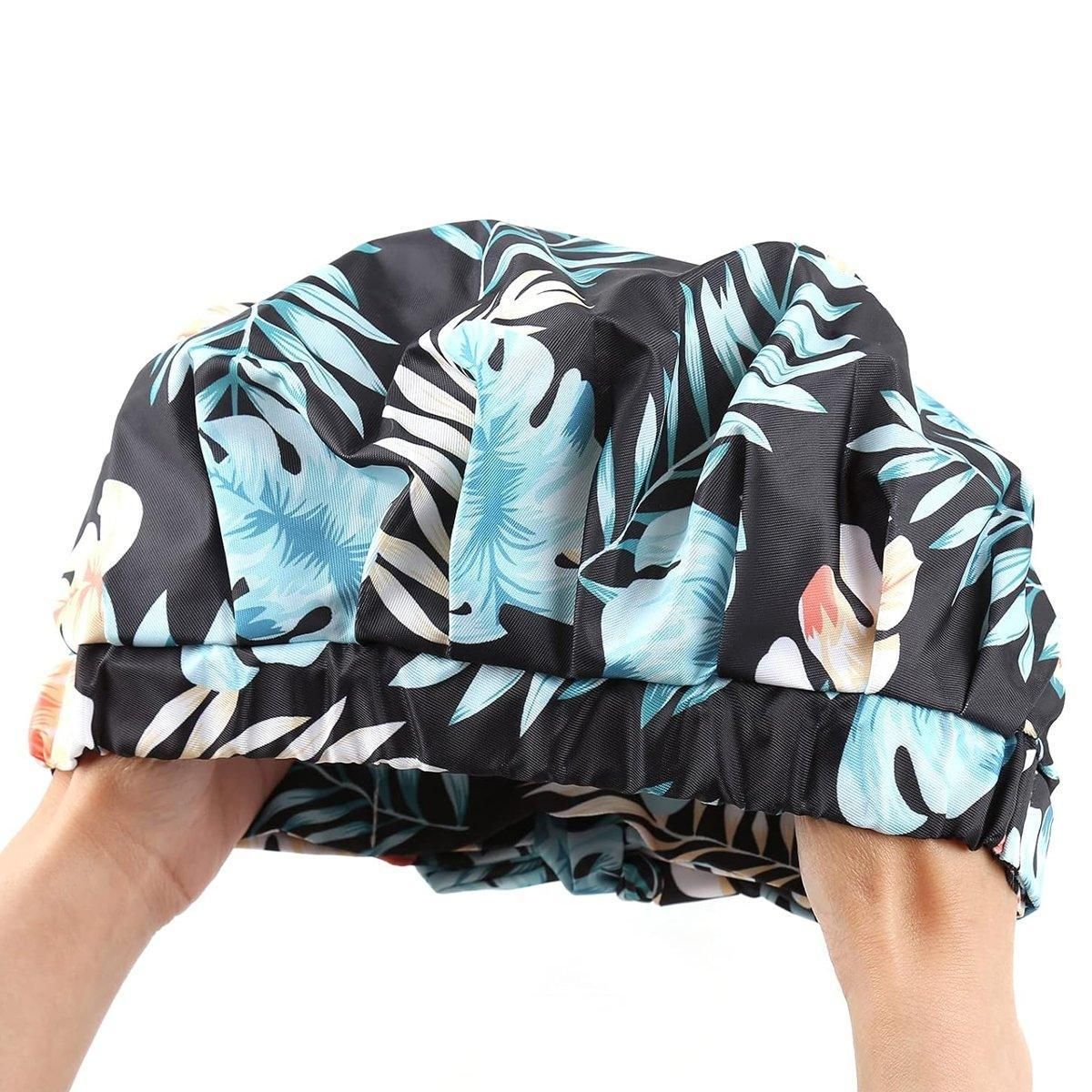 Woman Shower Cap Reusable Long Hair Large Turban Bathroom Waterproof Hair Cap - Black Background V528-SHOWER-CAP-BLACK-BACKGROUND-812215