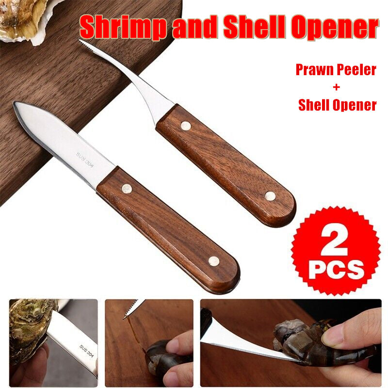 2PCS Shrimp Deveiner and Shellfish Opener Knife Set Stainless Steel Wood Handle V528-SHRIMPOPENER-2PCS-348526