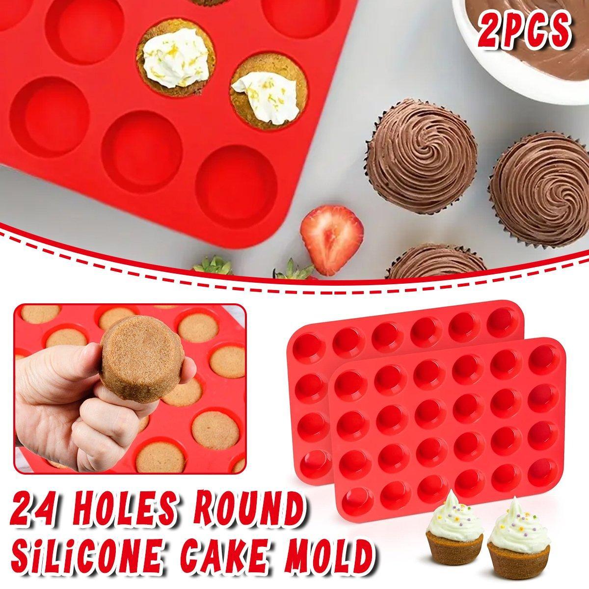 2pcs 24 Hole Round Silicone Cake Baking Pan DIY Baking Mold for Easy Cake Making V528-SILICONE-CAKE-MOLD-RED-2PCS-223377