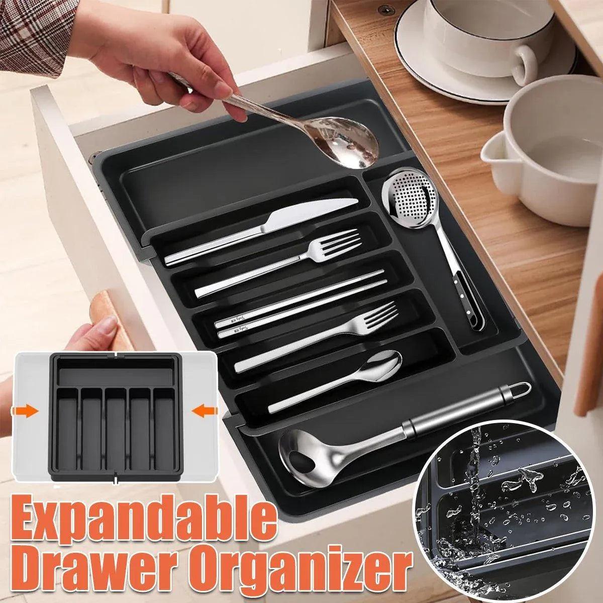 Expandable Cutlery Organizer Adjustable Silverware Drawer Storage Box Tray V528-SILVER-CASE-BLACK-159299