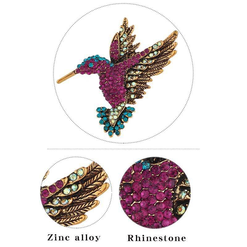 Fashion Hummingbird Brooch Pink Diamond Silver Brooch Gift Retro Style - Colourful V528-SM00250-HUMMINGBIRD--617519