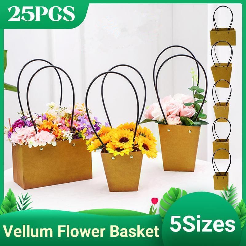 25x Kraft Paper Bag Flowers Waterproof Bouquet Basket Gift Box With Handle - 25PCS-Sq Big V528-SM00363-25PCS-SQBIG-961455