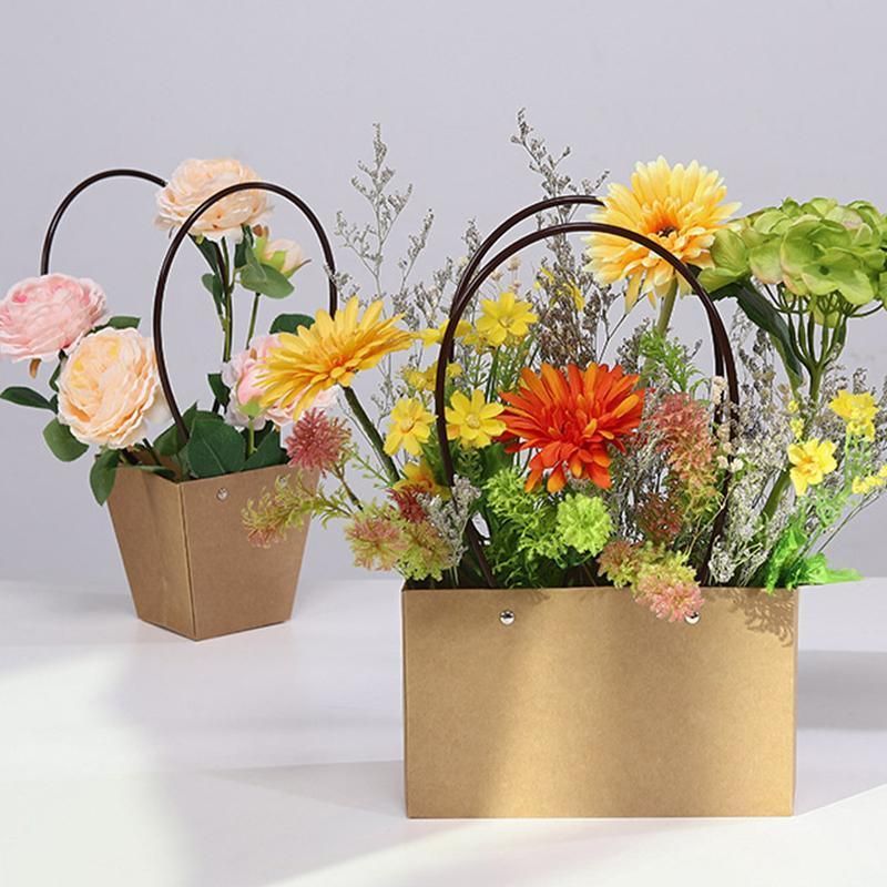 25x Kraft Paper Bag Flowers Waterproof Bouquet Basket Gift Box With Handle - 25PCS-Sq Big V528-SM00363-25PCS-SQBIG-961455
