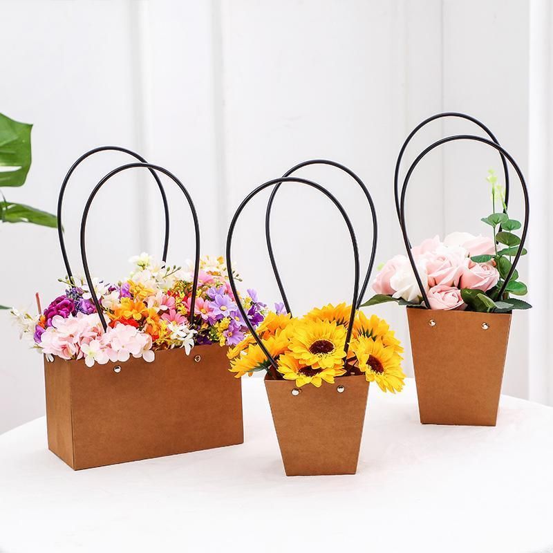 25x Kraft Paper Bag Flowers Waterproof Bouquet Basket Gift Box With Handle - 25PCS-Sq Big V528-SM00363-25PCS-SQBIG-961455