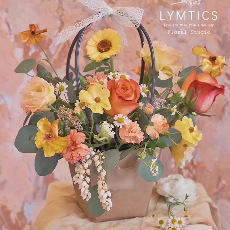 25x Kraft Paper Bag Flowers Waterproof Bouquet Basket Gift Box With Handle - 25PCS-Sq Big V528-SM00363-25PCS-SQBIG-961455
