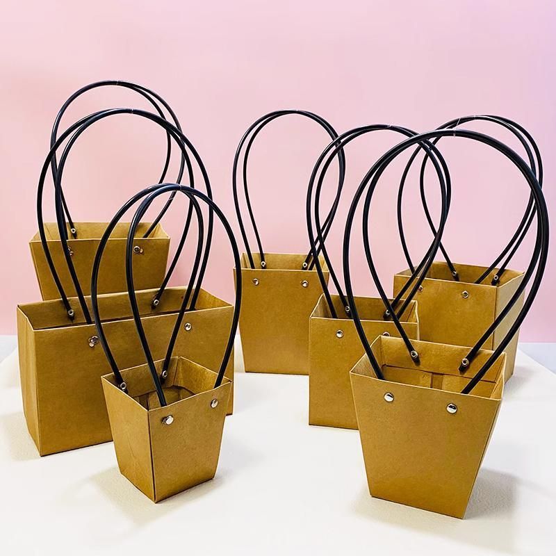25x Kraft Paper Bag Flowers Waterproof Bouquet Basket Gift Box With Handle - 25PCS-Sq Big V528-SM00363-25PCS-SQBIG-961455