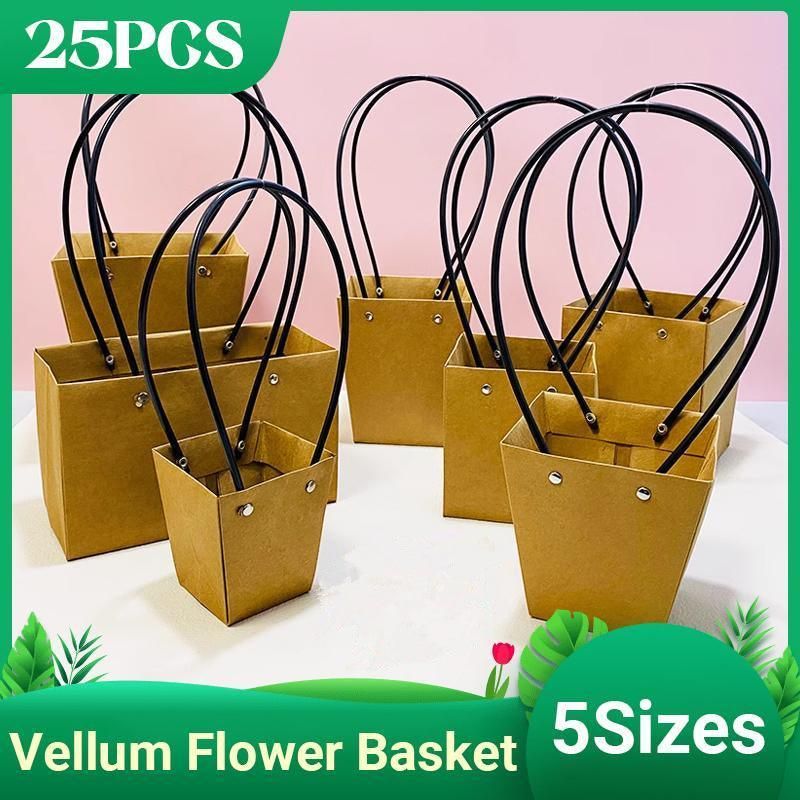 25x Kraft Paper Bag Flowers Waterproof Bouquet Basket Gift Box With Handle - 25PCS-Sq Big V528-SM00363-25PCS-SQBIG-961455