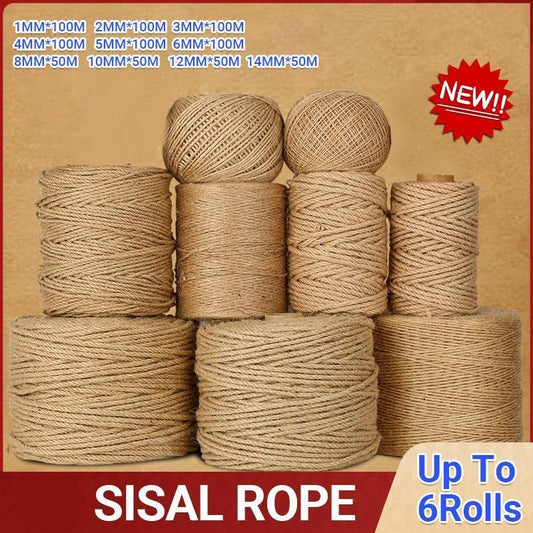Sisal Rope Natural Jute Hemp Manila Twine String Cord 1-14mm Thick Craft DIY - 5Rolls-12MM*50M V528-SM00374-5ROLLS-12-50M-591819