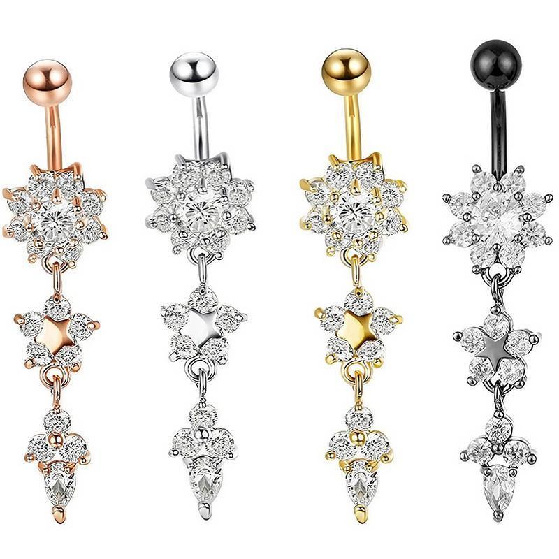 Flower Crystal Surgical Steel Dangle BELLY Button Navel bars Ring Body Piercing - Rose Red V528-SM00444-ROSERED-WHITE-507763
