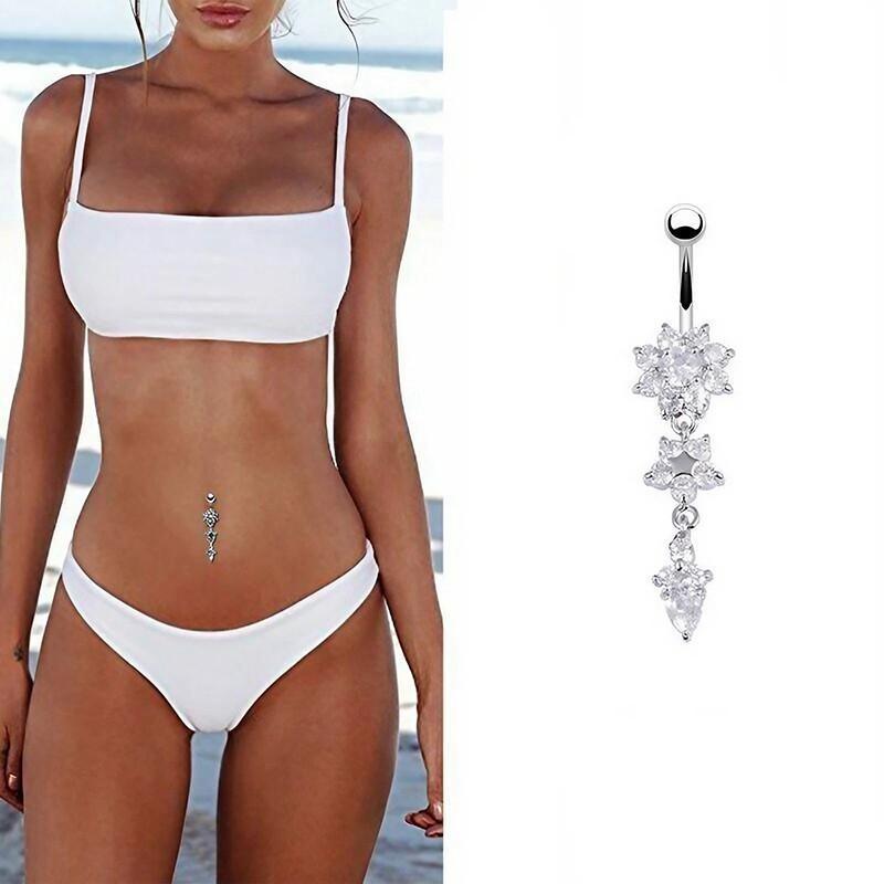 Flower Crystal Surgical Steel Dangle BELLY Button Navel bars Ring Body Piercing - Rose Red V528-SM00444-ROSERED-WHITE-507763