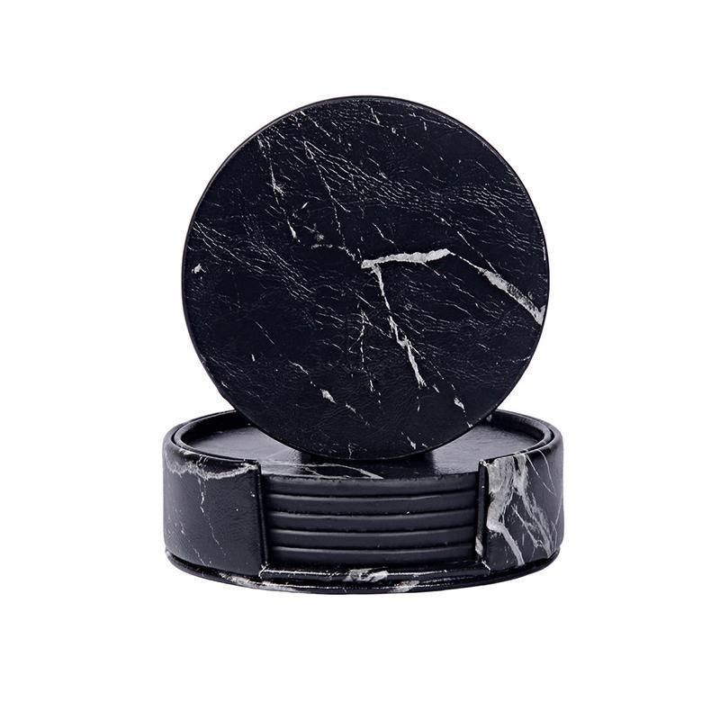 6x Coasters with Holder Marble Texture Round Cup Mat Pad Set For Drinks - Marble Black V528-SM00564-BLACK-685996