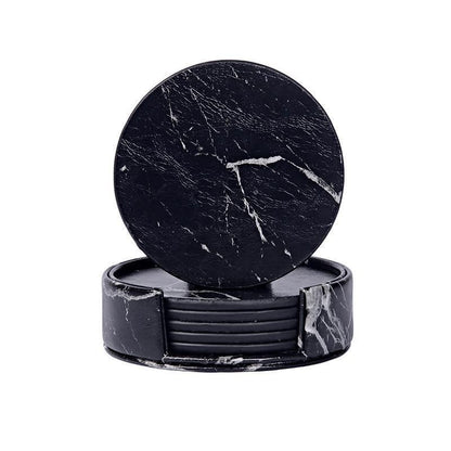 6x Coasters with Holder Marble Texture Round Cup Mat Pad Set For Drinks - Marble Black V528-SM00564-BLACK-685996