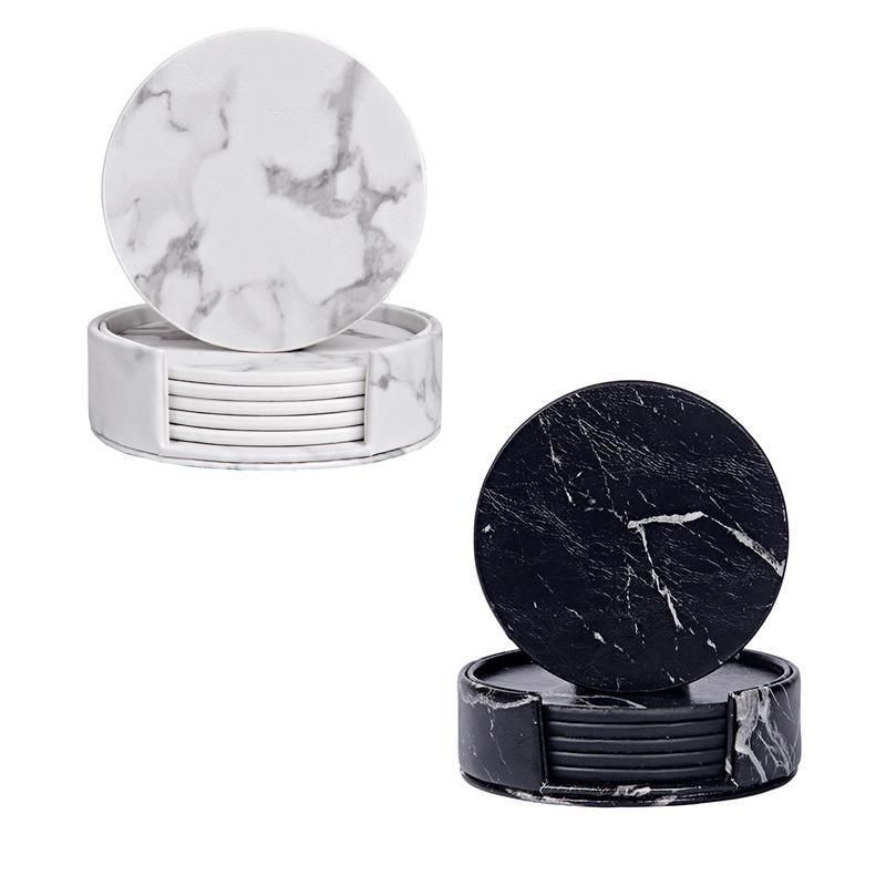 6x Coasters with Holder Marble Texture Round Cup Mat Pad Set For Drinks - Marble Black V528-SM00564-BLACK-685996
