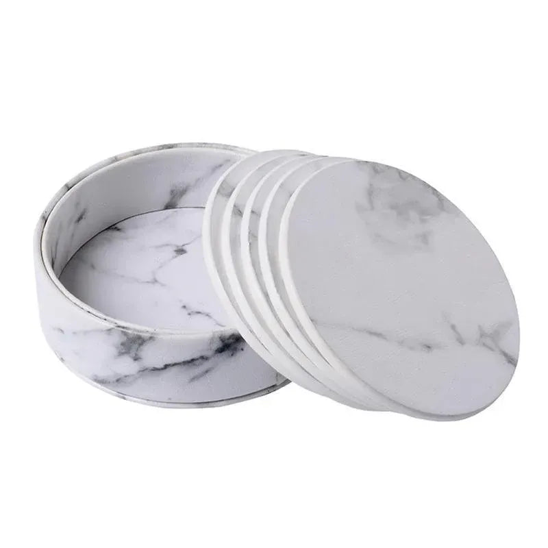 6x Coasters with Holder Marble Texture Round Cup Mat Pad Set For Drinks - Marble Black V528-SM00564-BLACK-685996