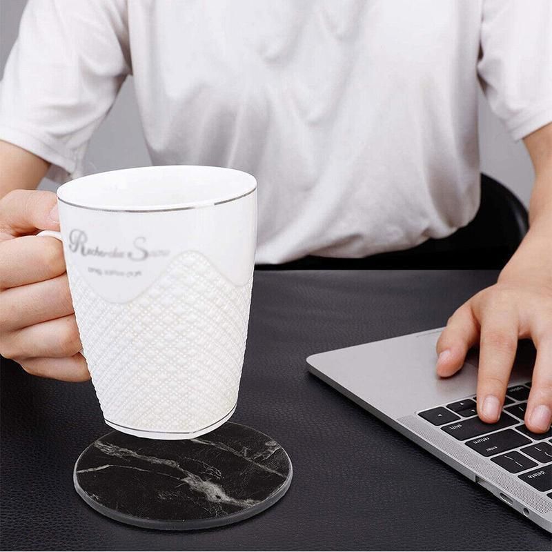 6x Coasters with Holder Marble Texture Round Cup Mat Pad Set For Drinks - Marble Black V528-SM00564-BLACK-685996