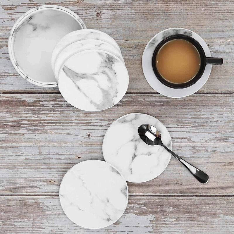 6x Coasters with Holder Marble Texture Round Cup Mat Pad Set For Drinks - Marble Black V528-SM00564-BLACK-685996