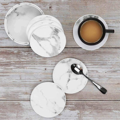 6x Coasters with Holder Marble Texture Round Cup Mat Pad Set For Drinks - Marble Black V528-SM00564-BLACK-685996