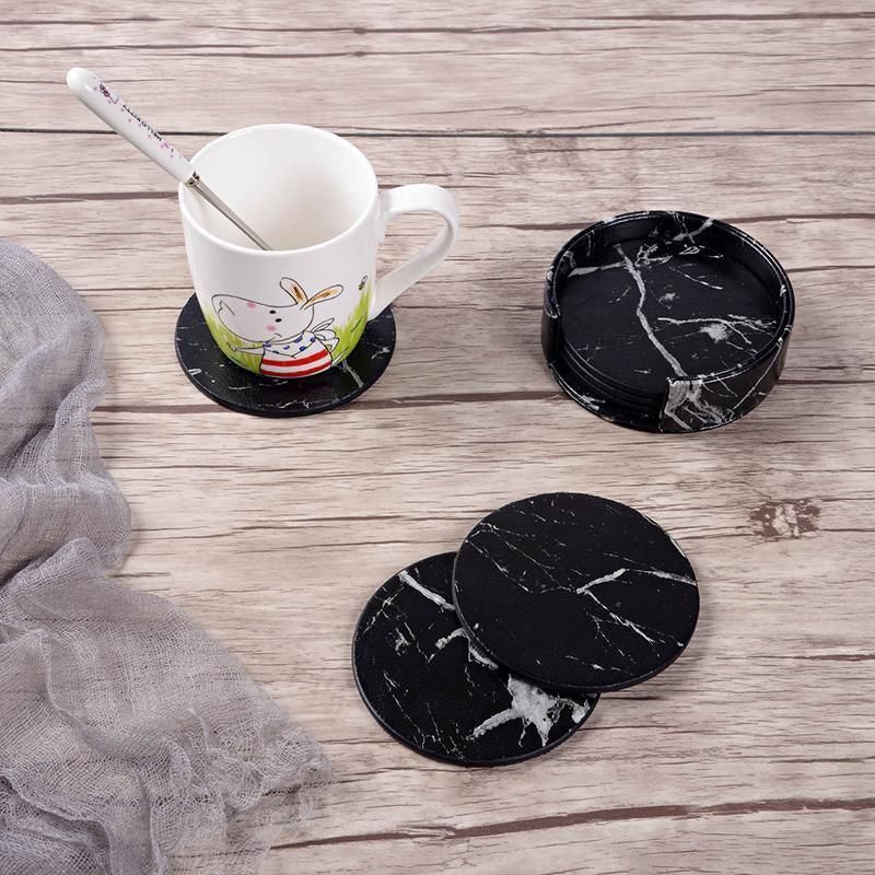 6x Coasters with Holder Marble Texture Round Cup Mat Pad Set For Drinks - Marble Black V528-SM00564-BLACK-685996