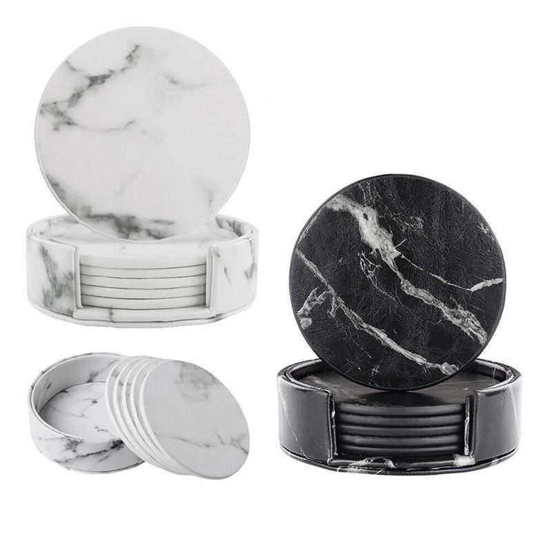 6x Coasters with Holder Marble Texture Round Cup Mat Pad Set For Drinks - Marble Black V528-SM00564-BLACK-685996