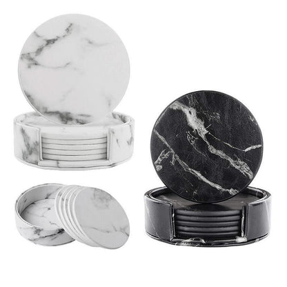 6x Coasters with Holder Marble Texture Round Cup Mat Pad Set For Drinks - Marble Black V528-SM00564-BLACK-685996