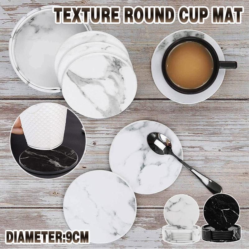 6x Coasters with Holder Marble Texture Round Cup Mat Pad Set For Drinks - Marble Black V528-SM00564-BLACK-685996
