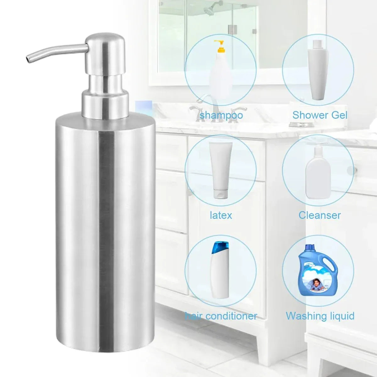 Soap Dispenser 500ml Stainless Steel Pump Silver Bathroom Liquid Container V528-SOAP-DISPENSER-500ML-368032