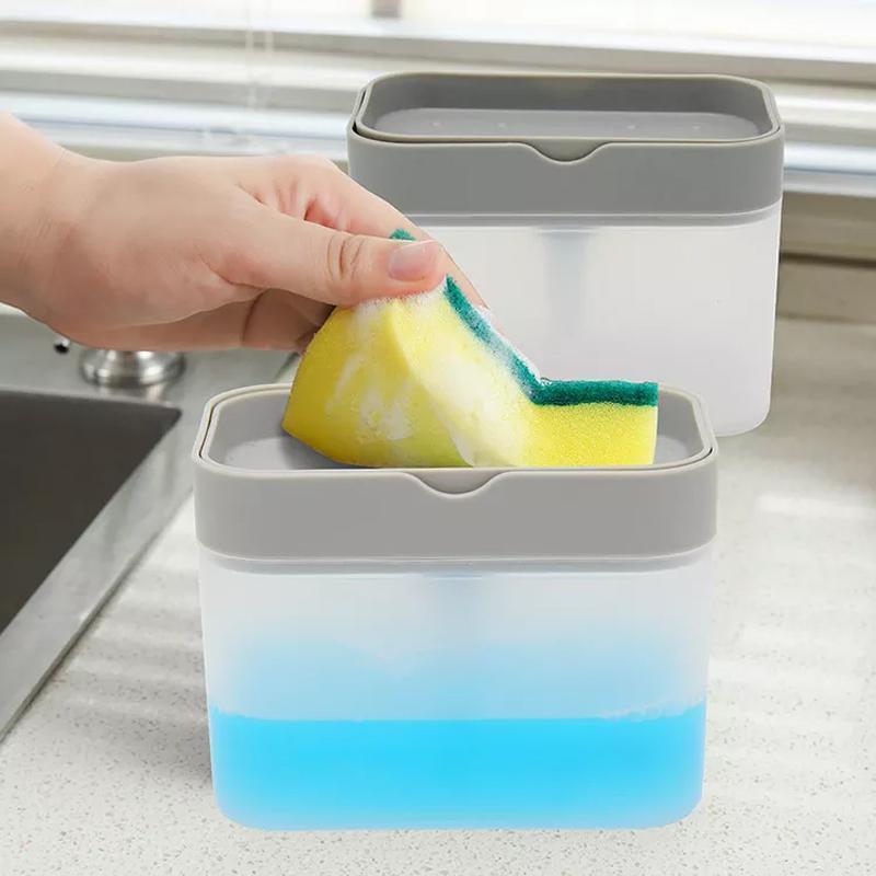 2 In 1 Soap Pump Dispenser Sponge Holder Dish Washing Liquid Container Kitchen - Grey V528-SOAPPUMPDISPENSER-GRAY-995604
