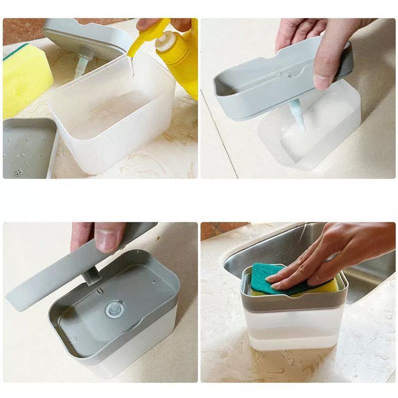 2 In 1 Soap Pump Dispenser Sponge Holder Dish Washing Liquid Container Kitchen - Grey V528-SOAPPUMPDISPENSER-GRAY-995604