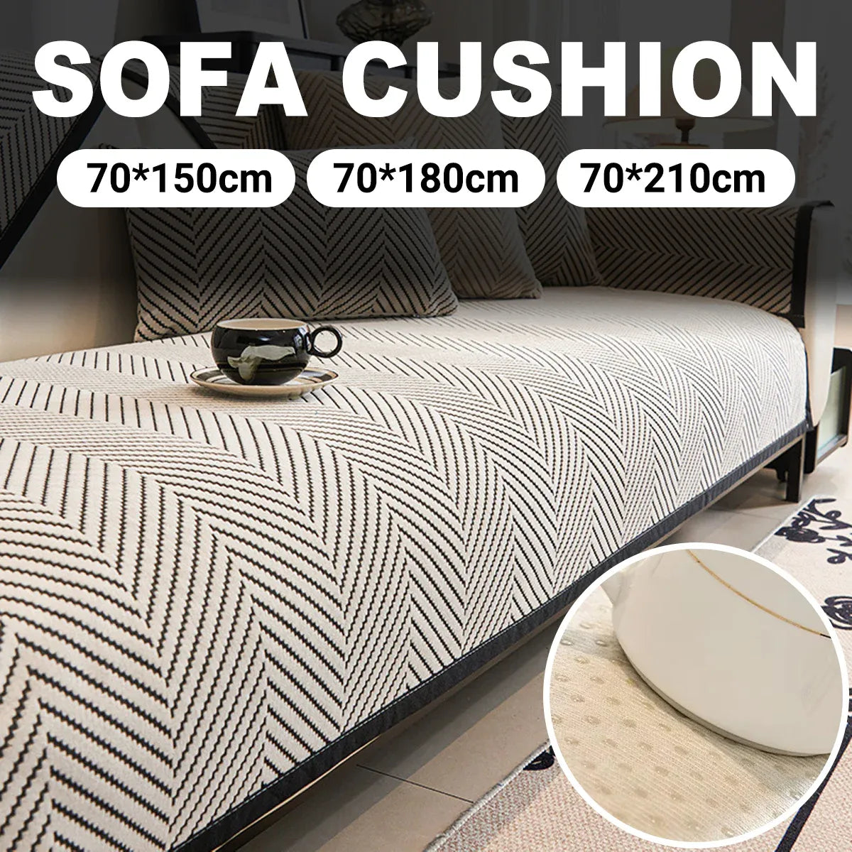 Sofa Cushion Cover Modern Non Slip Couch Protector Furniture Seat Slipcover Pad - 70x210cm V528-SOFA-COVER-BLACK-210-431302