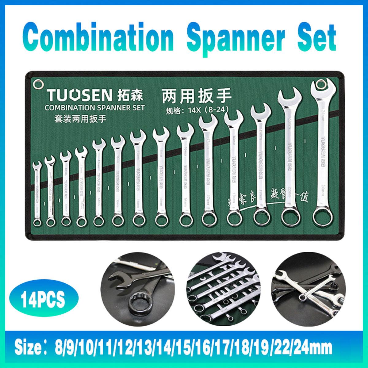 14 Piece Metric Combination Spanner Set with Roll Bag 8mm to 24mm Heavy Duty V528-SPANNERSET-838012