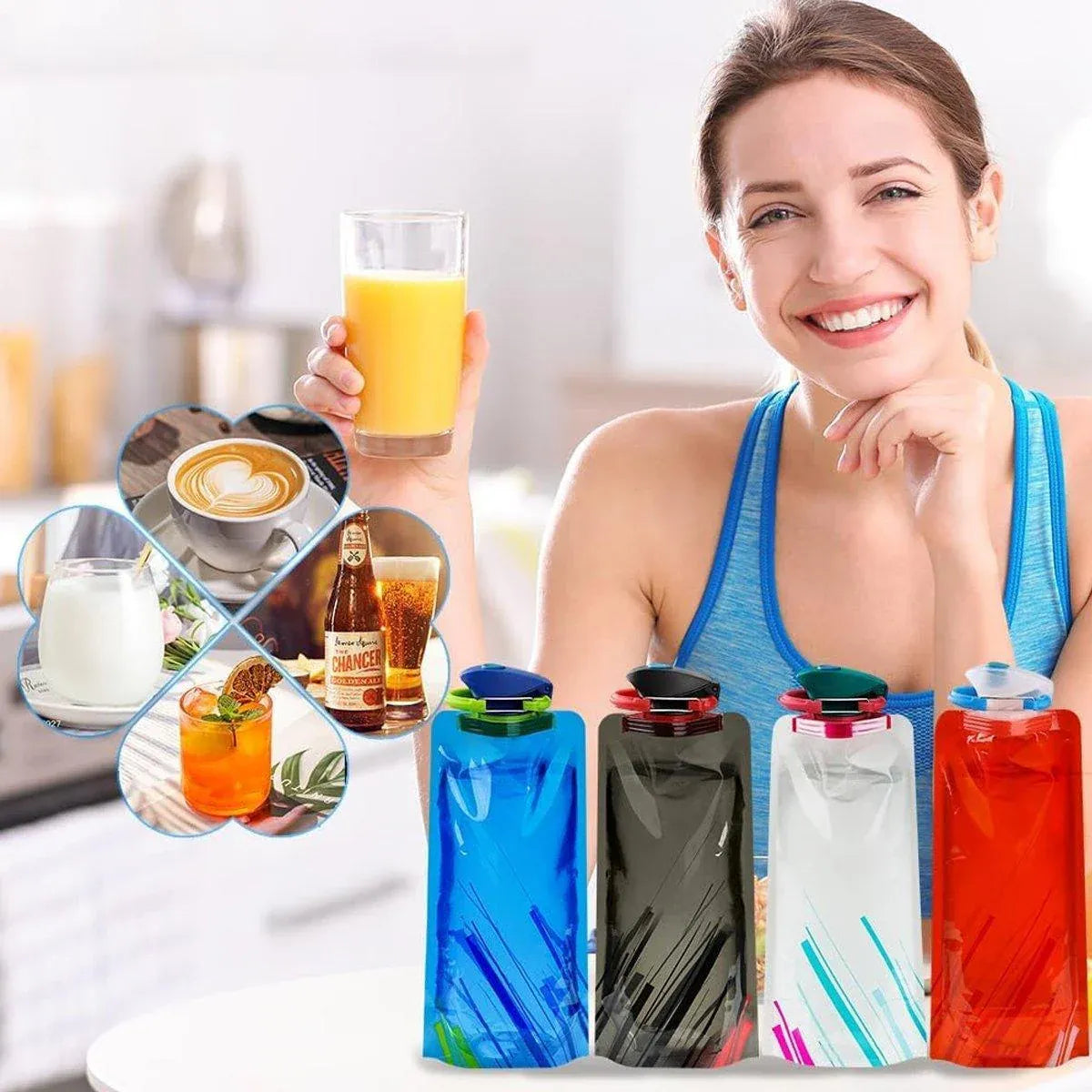 4PCS Portable 700ML Folding Water Storage Bag PE for Riding Sports Hiking Kettle V528-SPORTS-WATER-BOTTLE-4PCS-550432