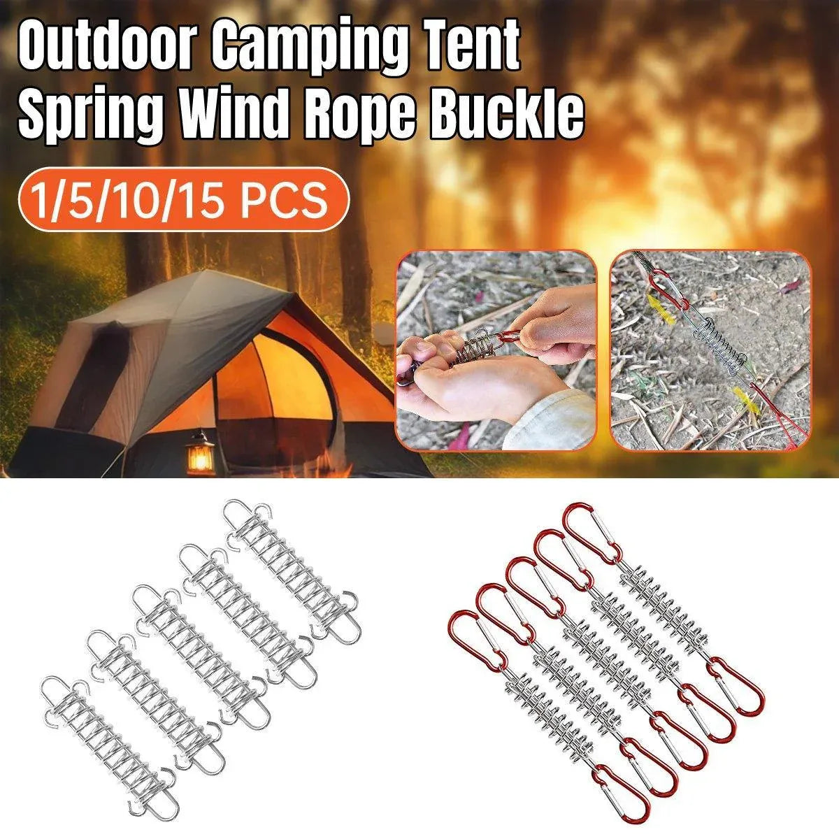 1-15PCS Outdoor Camping Tent Spring Wind Rope Buckle Fix Hook Buckles Silver Red - 5pair V528-SPRING-BUCKLE-5PAIR-450595