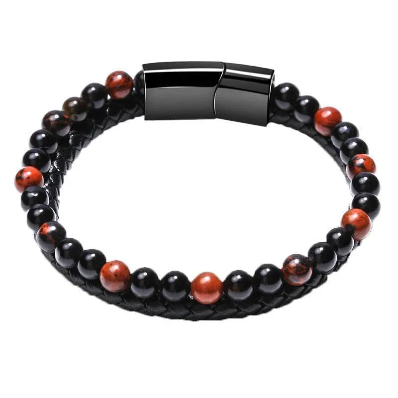 Tiger Eye Natural Stone Beaded Bracelet Women Men Elasticity Bangle hand Jewelry - Red Tiger Eye V528-SQ00042-GOLD-920798