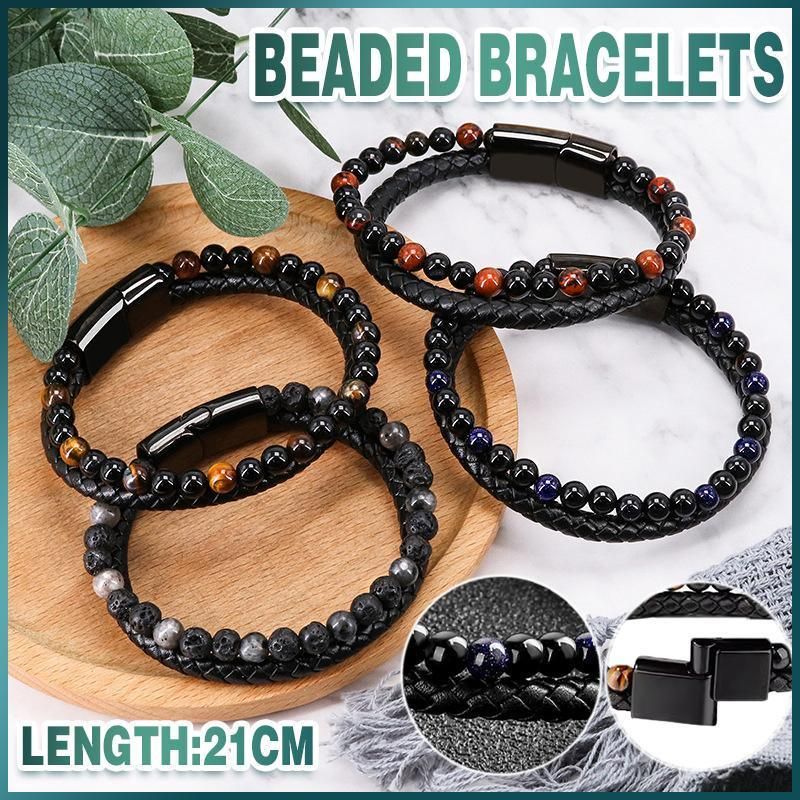 Tiger Eye Natural Stone Beaded Bracelet Women Men Elasticity Bangle hand Jewelry - Red Tiger Eye V528-SQ00042-GOLD-920798