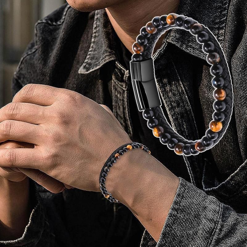 Tiger Eye Natural Stone Beaded Bracelet Women Men Elasticity Bangle hand Jewelry - Red Tiger Eye V528-SQ00042-GOLD-920798