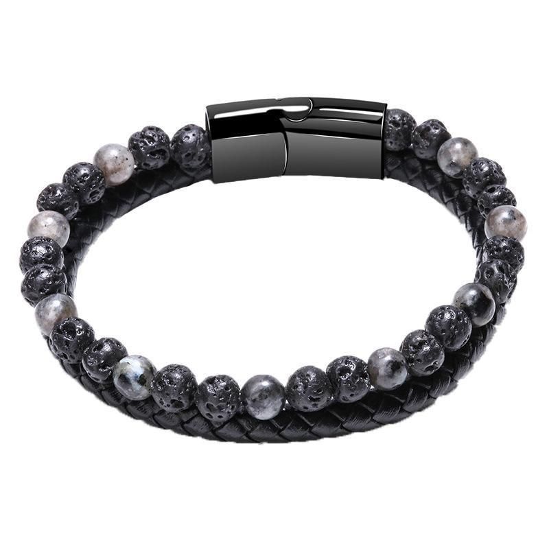 Tiger Eye Natural Stone Beaded Bracelet Women Men Elasticity Bangle hand Jewelry - Grey Lava V528-SQ00043-HU-578572