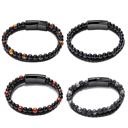 Tiger Eye Natural Stone Beaded Bracelet Women Men Elasticity Bangle hand Jewelry - Grey Lava V528-SQ00043-HU-578572
