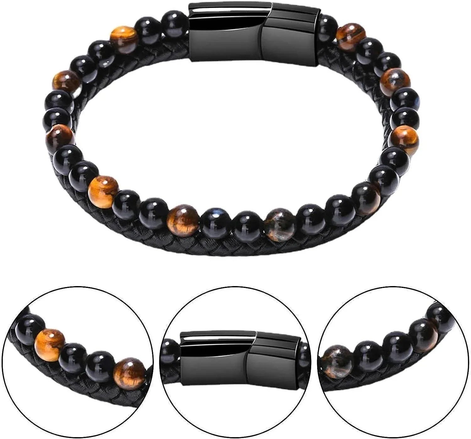 Tiger Eye Natural Stone Beaded Bracelet Women Men Elasticity Bangle hand Jewelry - Grey Lava V528-SQ00043-HU-578572