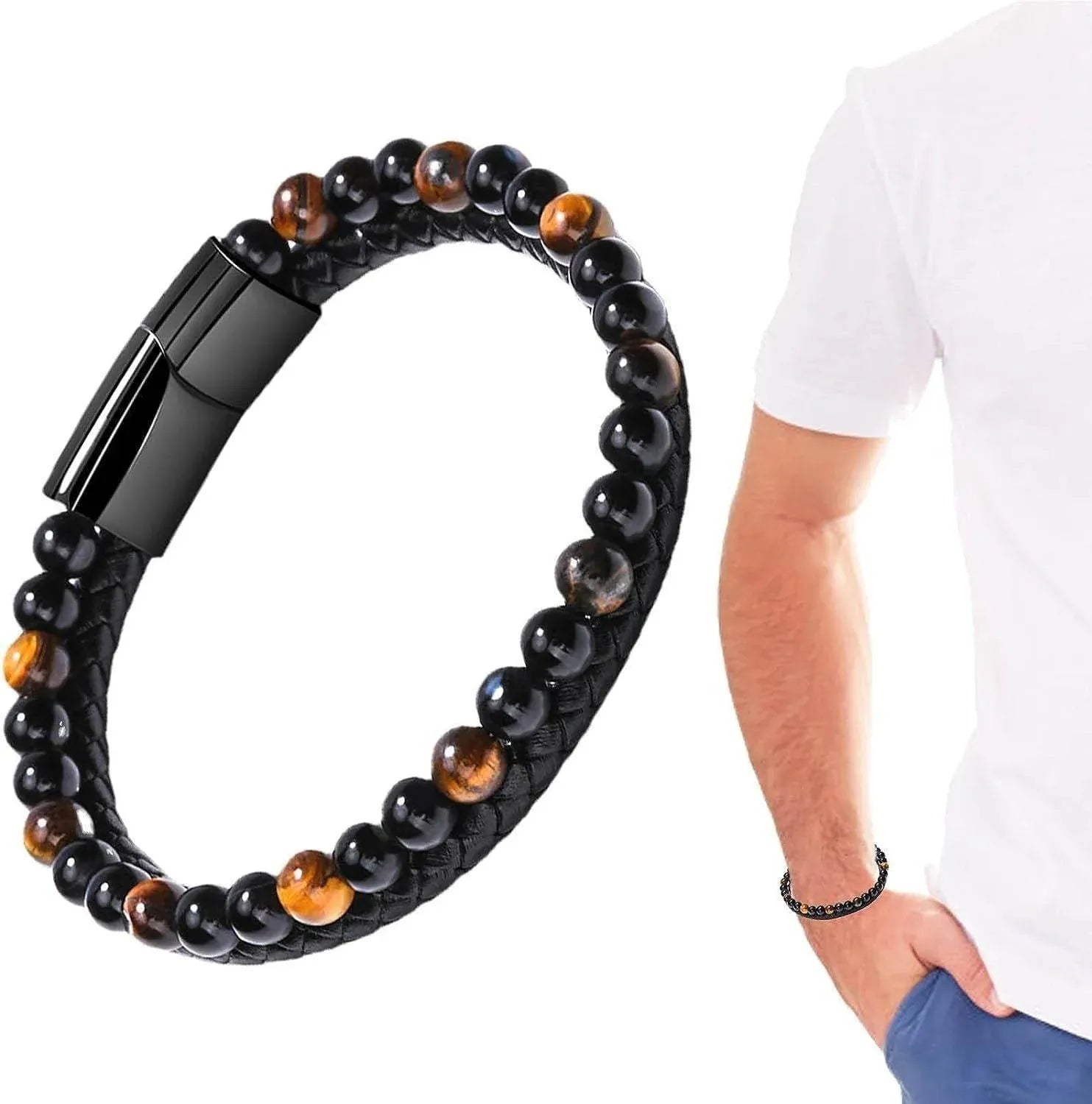 Tiger Eye Natural Stone Beaded Bracelet Women Men Elasticity Bangle hand Jewelry - Blue Stone V528-SQ00044-BLUE-480640