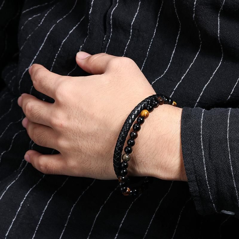 Tiger Eye Natural Stone Beaded Bracelet Women Men Elasticity Bangle hand Jewelry - Blue Stone V528-SQ00044-BLUE-480640