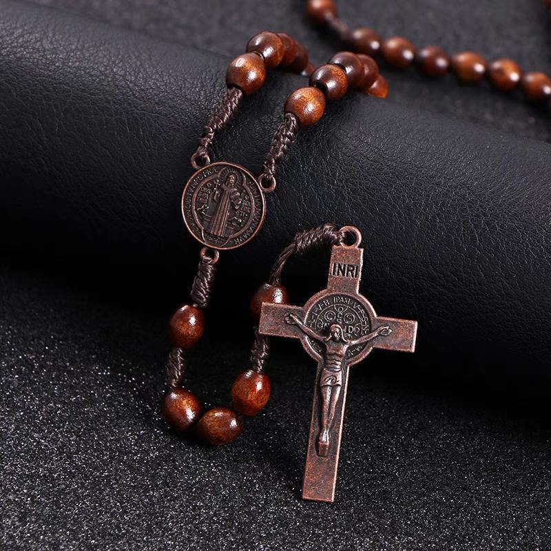 1PC Wooden Rosary Beads Necklace Christian Cross Catholic Rosary Beads V528-SQ00161-NZ-SZJ-702529