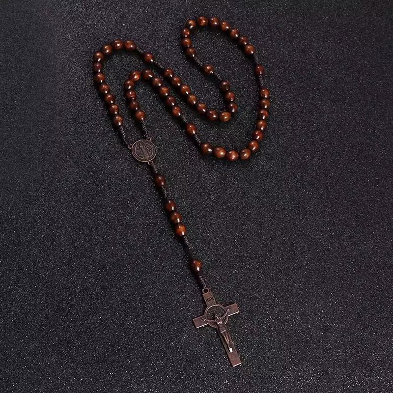1PC Wooden Rosary Beads Necklace Christian Cross Catholic Rosary Beads V528-SQ00161-NZ-SZJ-702529